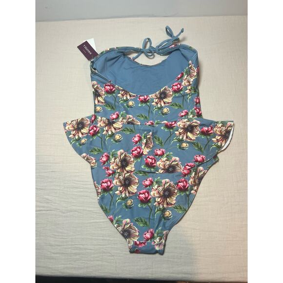 NWT Vigoss Halter One-Piece Womans Swim Suit Blue Floral Peplum Size‎ Small - Picture 3 of 8